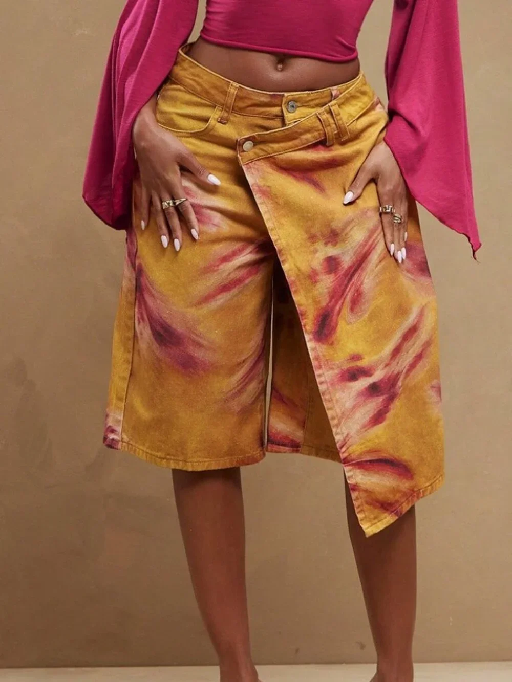 Multicolor Casual Women'sCrossover Tie Dye Skirt Loose Baggy Denim Shorts